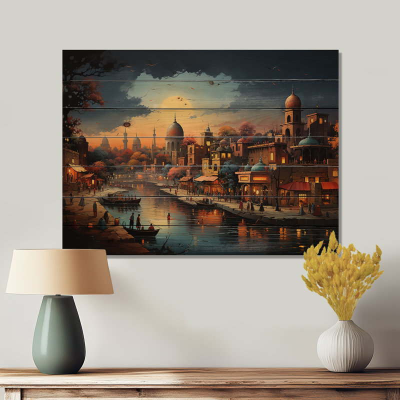 Beige sarcelle, art indien, splendeur indienne sur bois, H 10 po x l 20 po x P 0,78 po