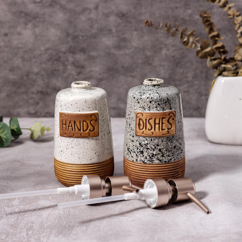 Hand and Dish Soap Dispenser Set, Farmhouse Ceramic Soap Dispenser for Kitchen Sink, 15 OZ Vintage Hand Wash Liquid Dispenser