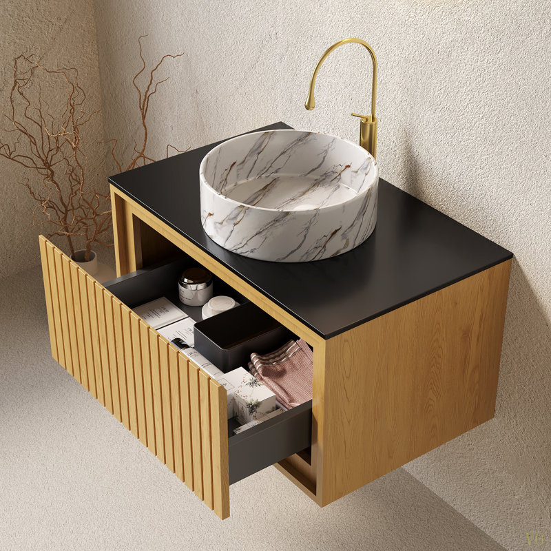 Meuble-lavabo de salle de bain 30 po avec lavabo, armoire de rangement murale en contreplaqué avec comptoir en pierre frittée à tiroir et lavabo rond en céramique, pré-assemblé