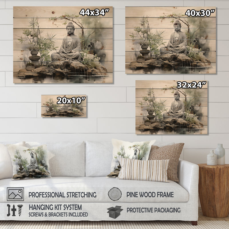 Zen Garden I - Bouddhisme, art mural sur bois de pin naturel, H 30 po x l 40 po