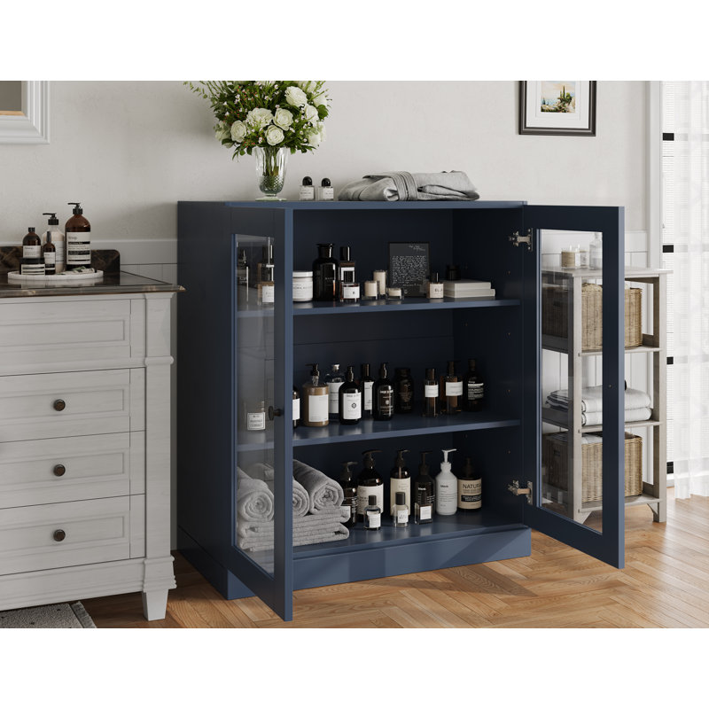 Armoire de salle de bain 100% bois massif 32 po avec portes en verre transparent et tablettes réglables, Bleu antique