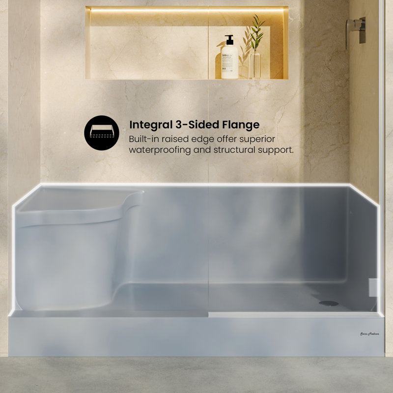 Aquatique 60" x 32" Single Threshold Shower Base With Right Hand Drain and Integral Left Hand Seat , Gray, Right