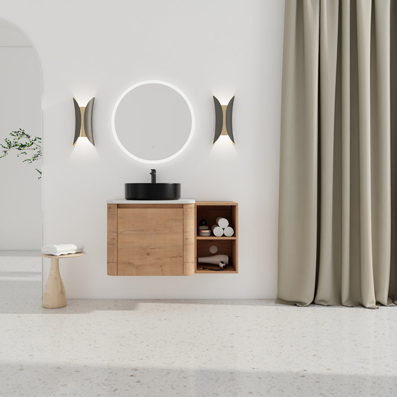 Meuble-lavabo mural 36 po avec lavabo d'art en céramique et tablettes de rangement, porte à fermeture en douceur, emballage KD, contreplaqué