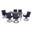 Ensemble de salle à manger 7 pièces en métal noir Maynard avec table rectangulaire, 6 chaises pivotantes et coussins bleus-122878505