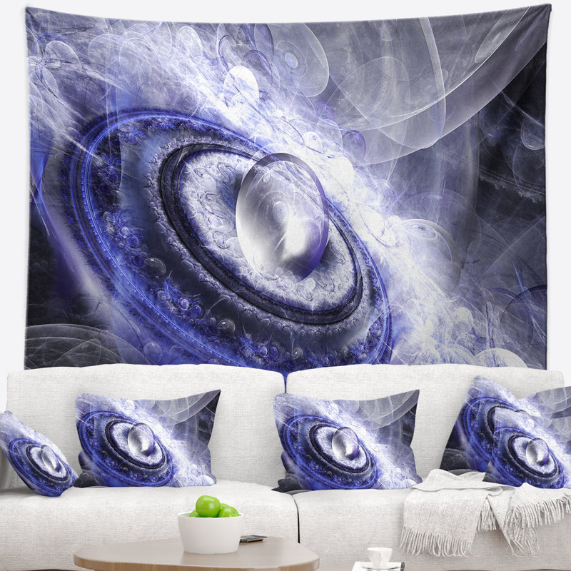 Tapisserie florale avec magnifique soucoupe volante bleue, H 50 po x l 60 po