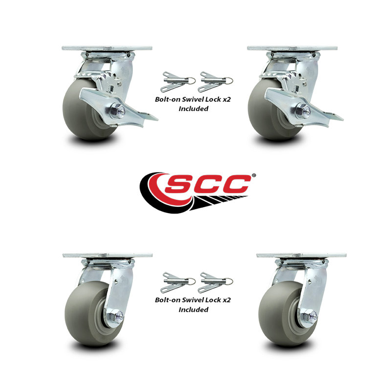 4 Inch Thermoplastic Rubber Caster Set with Roller Bearing 4 Swivel Lock 2 Brake|SCC-30CS420-TPRRD-TLB-BSL-2-BSL-2