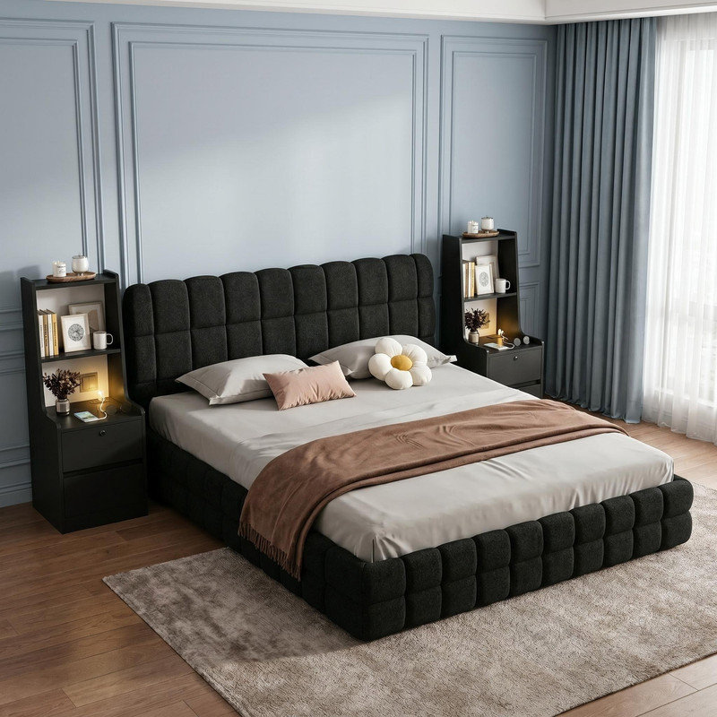 Ensemble de chambre à coucher 3 pièces, cadre de lit plateforme tapissier de plancher, avec tête de lit épaisse, NightStandSet 2 avec station de charge
