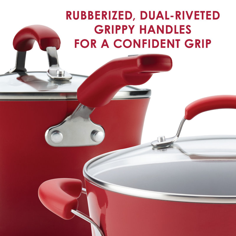 Rachael Ray Classic Brights 3 qt. Hard Enamel Nonstick Saucepot and Steamer Insert Set with Lid, Red