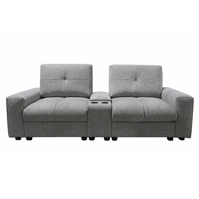Canapé capitonné deux places de 228 cm (89,76 pouces) avec console centrale et porte-gobelets, style moderne, gris pâle