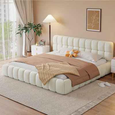 Lit plateforme tapissier très grand avec tissu épais, lit au sol avec structure solide, beige
