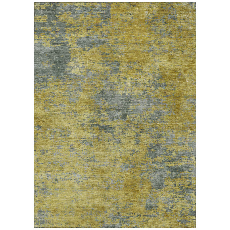 Tapis d'extérieur lavable abstrait vert doré et gris 10 pi x 14 pi