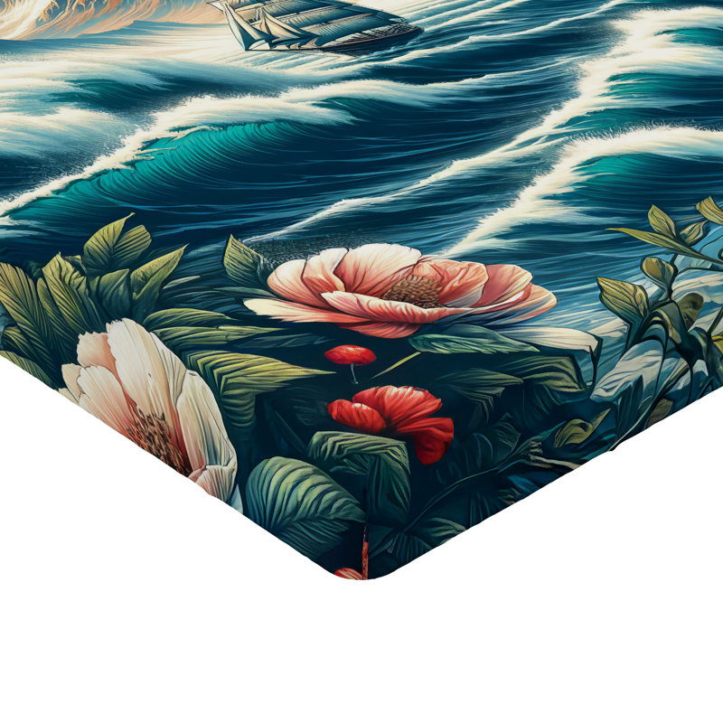 Drap-housse nautique Ambesonne_ Seascape Waves Mountains_ Bleu mer et corail foncé, Drap-housse de taille double
