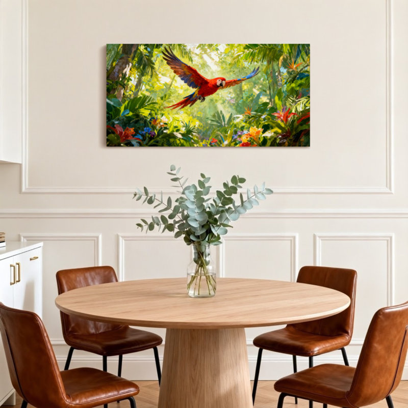 Animaux perroquet tropical volant au milieu de fleurs de la jungle luxuriante, H 24 po x l 48 po