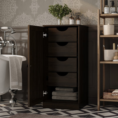 Armoire de rangement de salle de bain 100% bois massif, porte Shaker, 4 tiroirs, tablettes réglables, 16,5 po de largeur, 35,75 po de hauteur