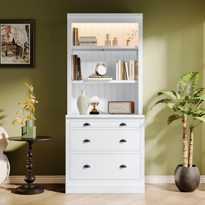 Led Lit Bookcase, 3 Drawer And Open Shelf, Modern White For Living Room/Home Office, Solid Wood Frame, Shelf Storage, Room, Home Board