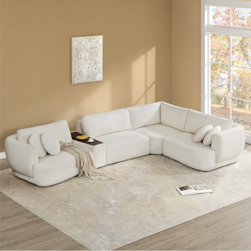 Aneika 156''W 5-Piece Curved Modular Oversized Sectional, Cream Polyester