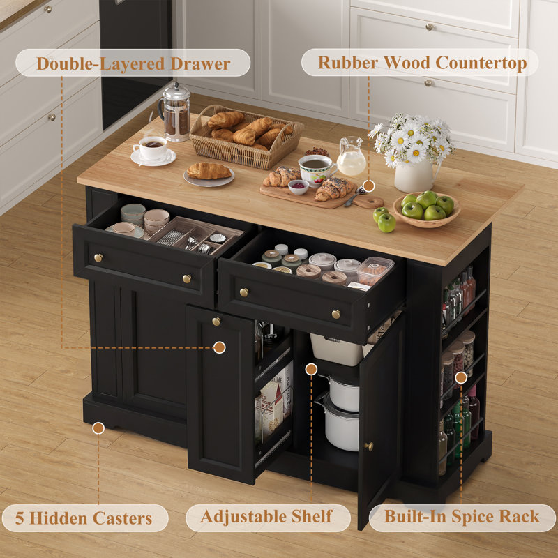 Rolling Solid Wood Kitchen Island with Drop Leaf, Black