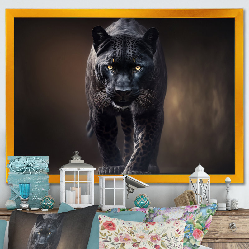 «Black Majestic Panther II» - art mural panthère, H 16 po x l 32 po, Toile avec cadre photo, Doré