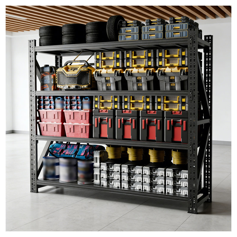 Heavy Duty Metal Adjustable Garage Shelving Unit, 79"W x 75"H, 4-Tier Industrial Storage Rack, Black