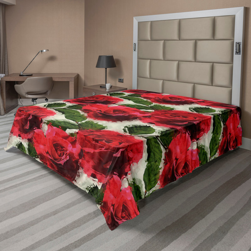 Drap plat Ambesonne Rose, art romantique du jardin anglais, poussière d'émeraude rose foncé
