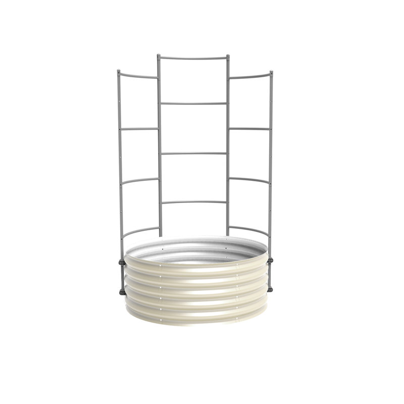 17" Tall 42" Wide Round Metal Outdoor Raised Garden Bed With Trellis, Pearl White