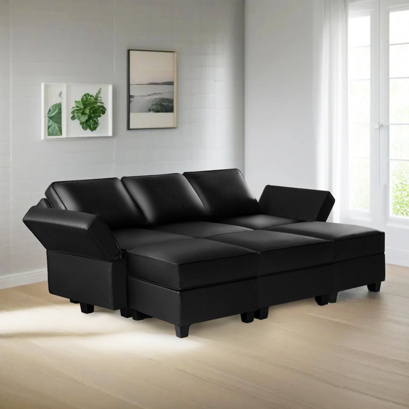 Canapé modulaire en cuir 3 places Shealene, Similicuir noir