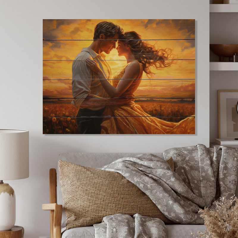 Braeley, Couple romantique, paysage, étreinte lumineuse, impression sur bois II, H 24 po x l 32 po x P 0,78 po