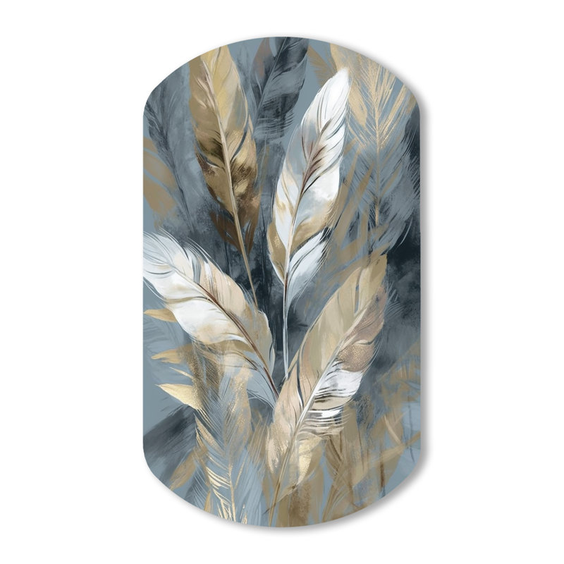 Or et gris Impressions de l'énergie bohémienne II - Boho plume cylindrique en métal en forme de décoration murale