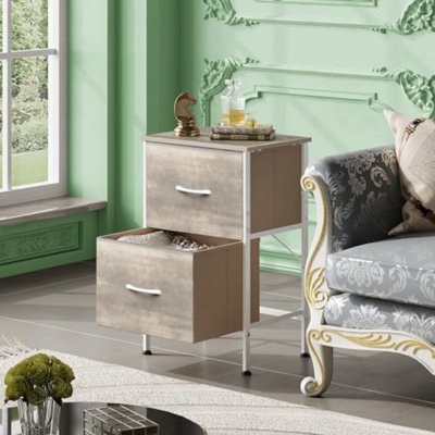 Table de chevet, table de chevet Greige avec 2 tiroirs en tissu, petite commode pour la chambre à coucher, table de chevet avec tiroir de rangement, dortoir College, dortoir, chêne Greige, taille L
