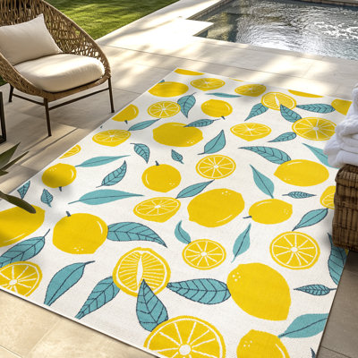 Collmar Zing Yellow Blue Multicolored Modern Lemons Polypropylene Flatweave Indoor/ Outdoor All Weather Area Rug