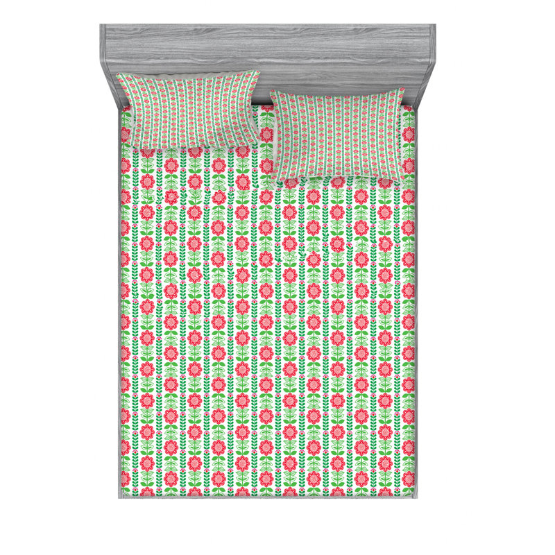 Microfiber Floral Fitted Sheet, Queen Fitted Sheet with 2 Pillowcases