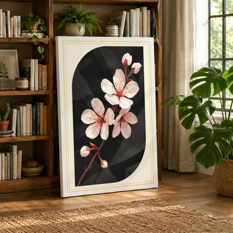 Cherry Blossoms in Black Botanical - Wrapped Canvas, 36x24 - 91.4 x 61.0 cm, Terracotta Border