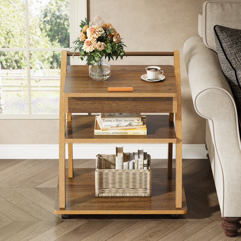 Table d'appoint avec roulettes, table de bout à 3 niveaux pour canapé avec plateau réglable
