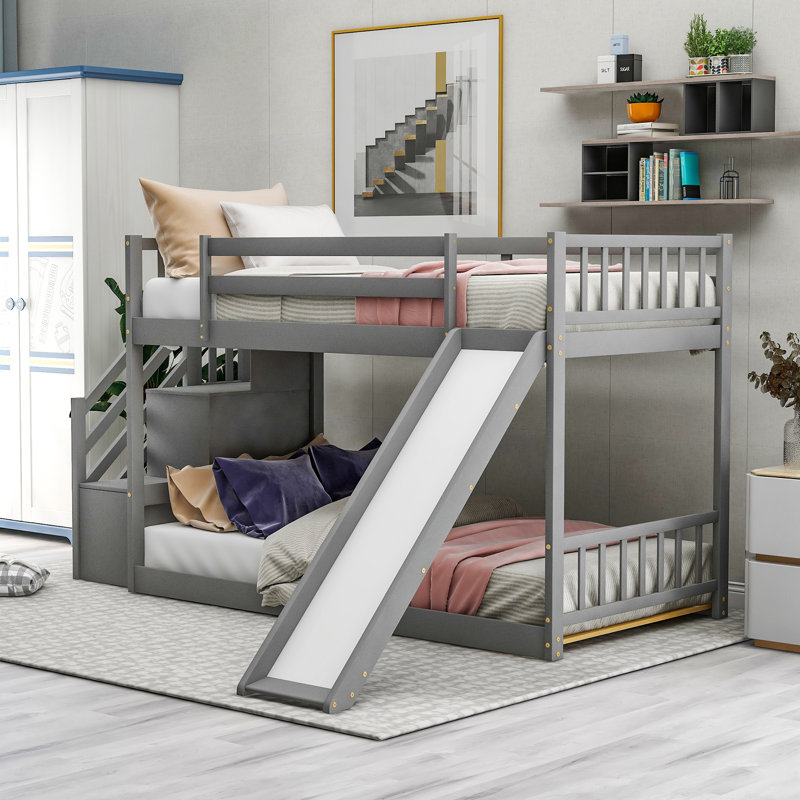 Lit superposé avec glissière convertible et escalier, Gris