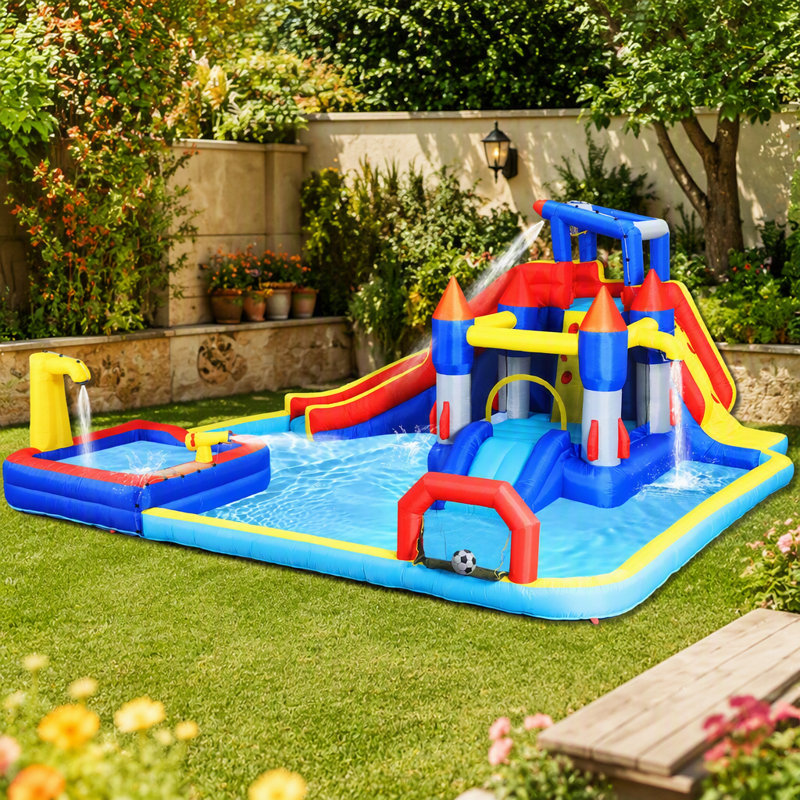 Jardin gonflable avec parc aquatique gonflable 10 en 1 avec piscine Splash et pistolet à eau et mur d'escalade et basketball
