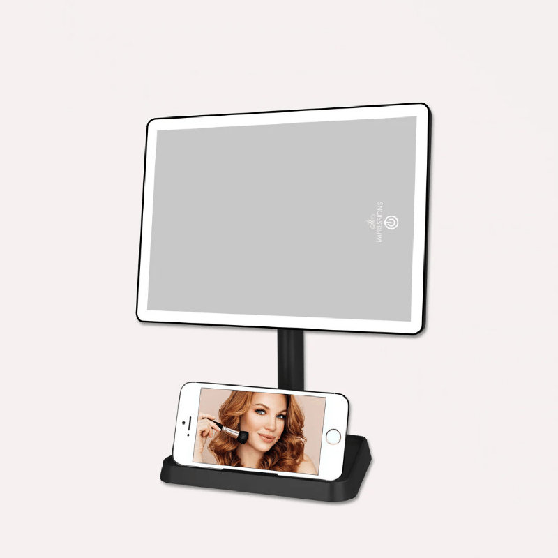 Charmed Tri Tone LED Makeup Mirror with Phone Holder, Tabletop Desk Mirrors with Metal Stand, Black