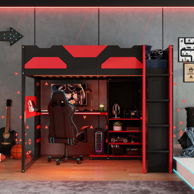 All-in-One Gaming Loft Bed with RGB Lighting and Multi-Storage