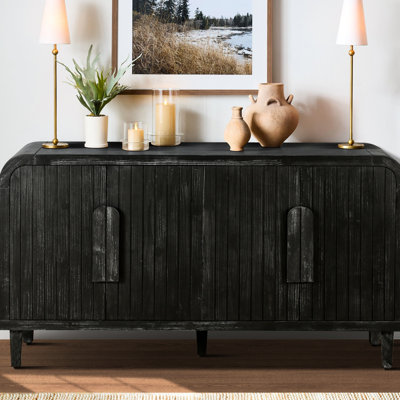 Buffet courbé 59 po, avec poignées en bois massif et tablettes réglables, buffet noir antique 59 po
