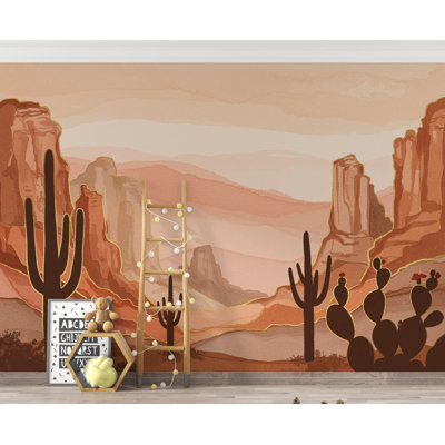 Desert Canyon Cactus Wallpaper Mural – Terracotta & Sandstone Watercolor, Gold-Edged Cactus Silhouettes, Dramatic Natural Wall Art (Non-Woven) 