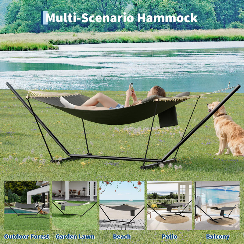 3.6m 2 Person Double Outdoor Hammock with Curved Wooden Spreader Bar, Dark Grey Hammock with Detachable Pillow Chains & T-Shaped Bracket, 204kg Weight Capacity