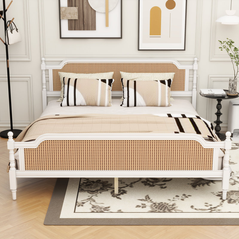 Traditional Style Rattan Bed Frame,No Box Spring Needed, Antique White, King