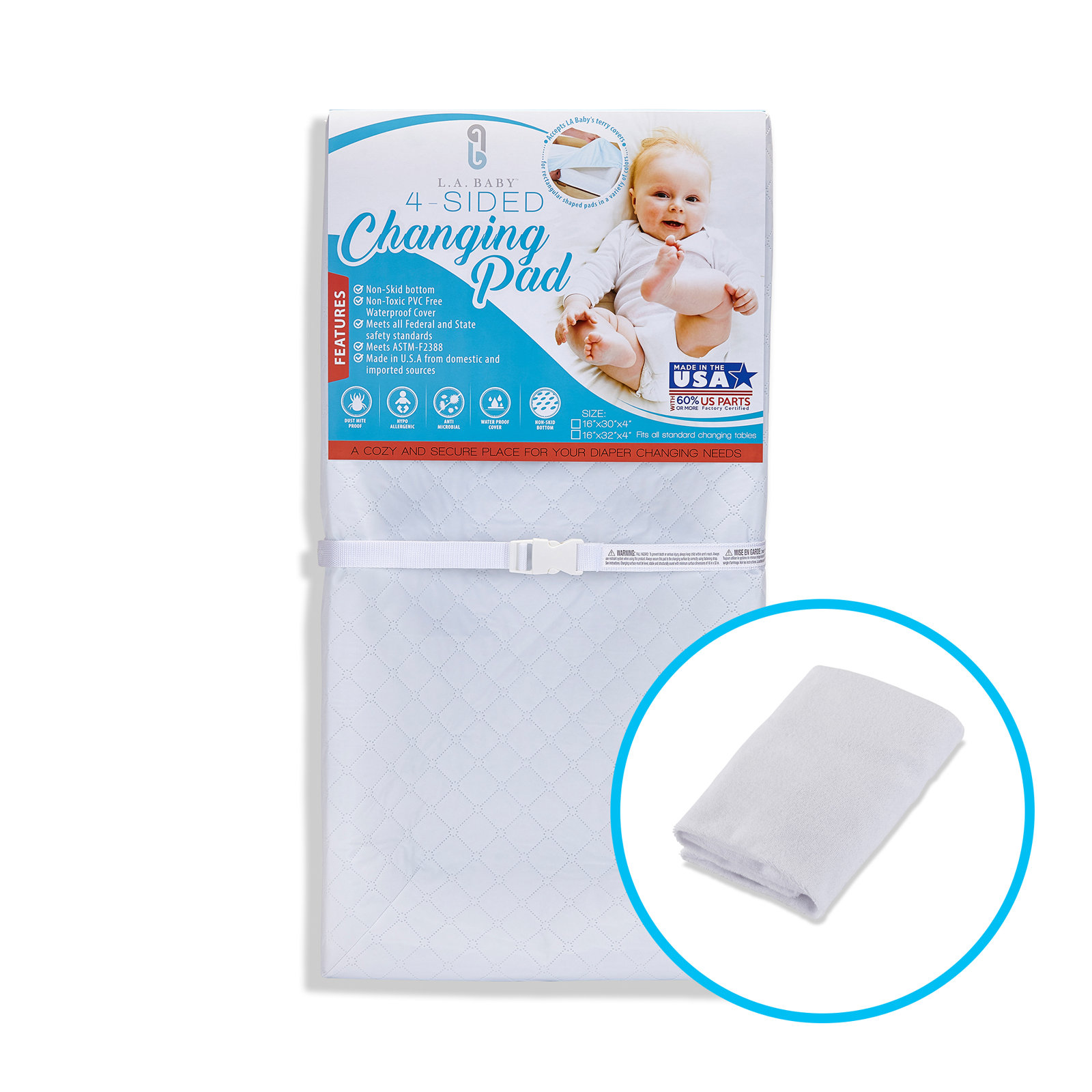 Johnathan Waterproof Changing Pad with Cover, 4" H x 30" W x 16" D, White