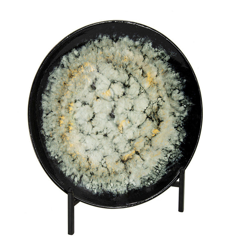 Decorative Charger Plate With Stand, Black And White Ceramic, 18 Inch