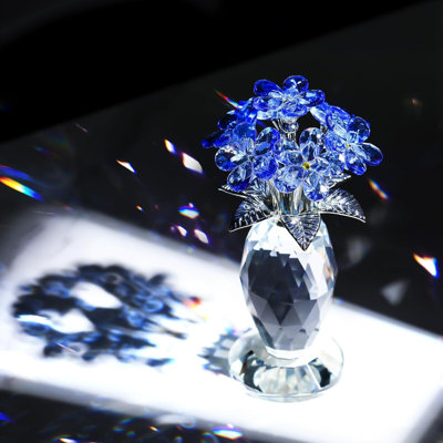 Crystal Forget-Me-Not Flower Bouquet Figurine with Faceted Vase and Metallic Leaves