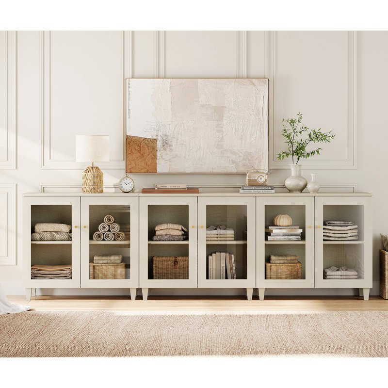 Meuble télé 3 en 1 avec portes en verre, console multimédia avec tablettes réglables et gestion des câbles, Beige