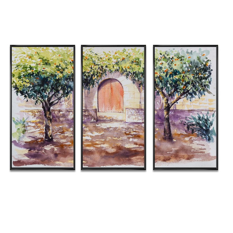 «Backyard Library in Barcelona with Orange Trees», reproduction de cadre flottant sur toile 3 pièces, Cadre noir
