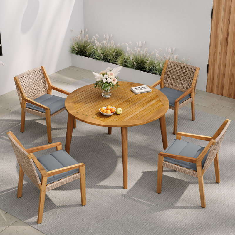 Ensemble repas d'extérieur 5 pièces avec table ronde, 4 fauteuils et coussins