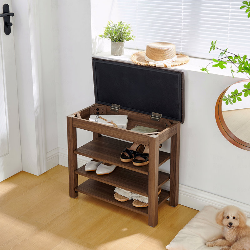 Nordic-Style Entryway Shoe Bench – 3-Tier Rubberwood Storage Stool with Padded Seat, Brown