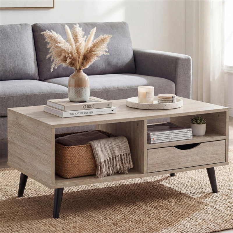 Table basse rustique - 36,5 x 18,5 x 16,5 pouces - Bois d'ingénierie - 1 pièce - Naturel - avec tiroir et tablettes