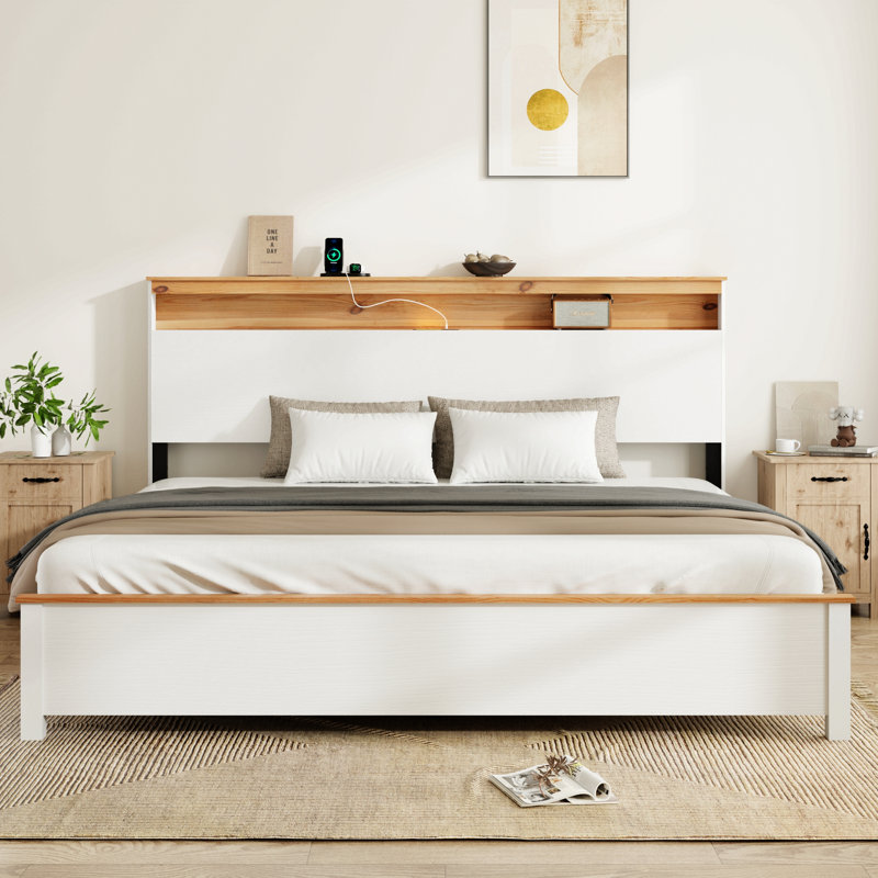 Table de chevet en bois avec tête de rangement pour la station de charge: cette base de lit rustique avec tête de lit est livrée avec une station de charge intégrée